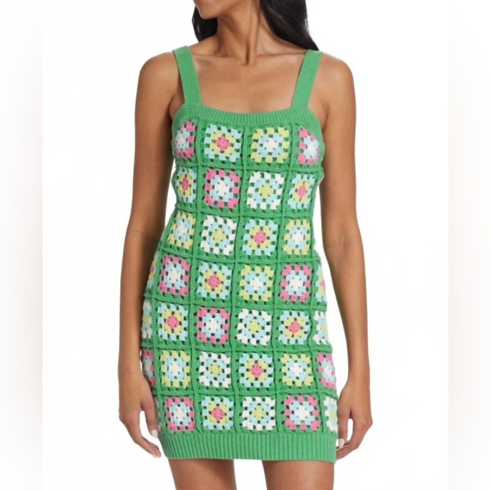 Design History Floral Patchwork Crochet Dress In Green Multi M